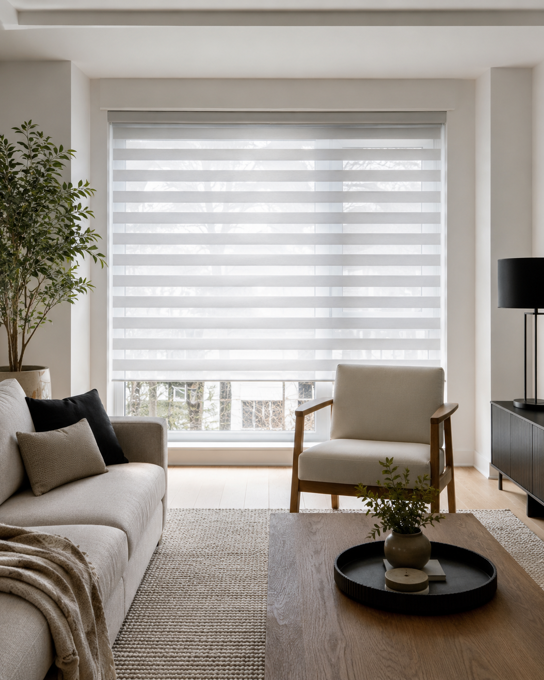 Après — salon habillé de stores sur mesure installés